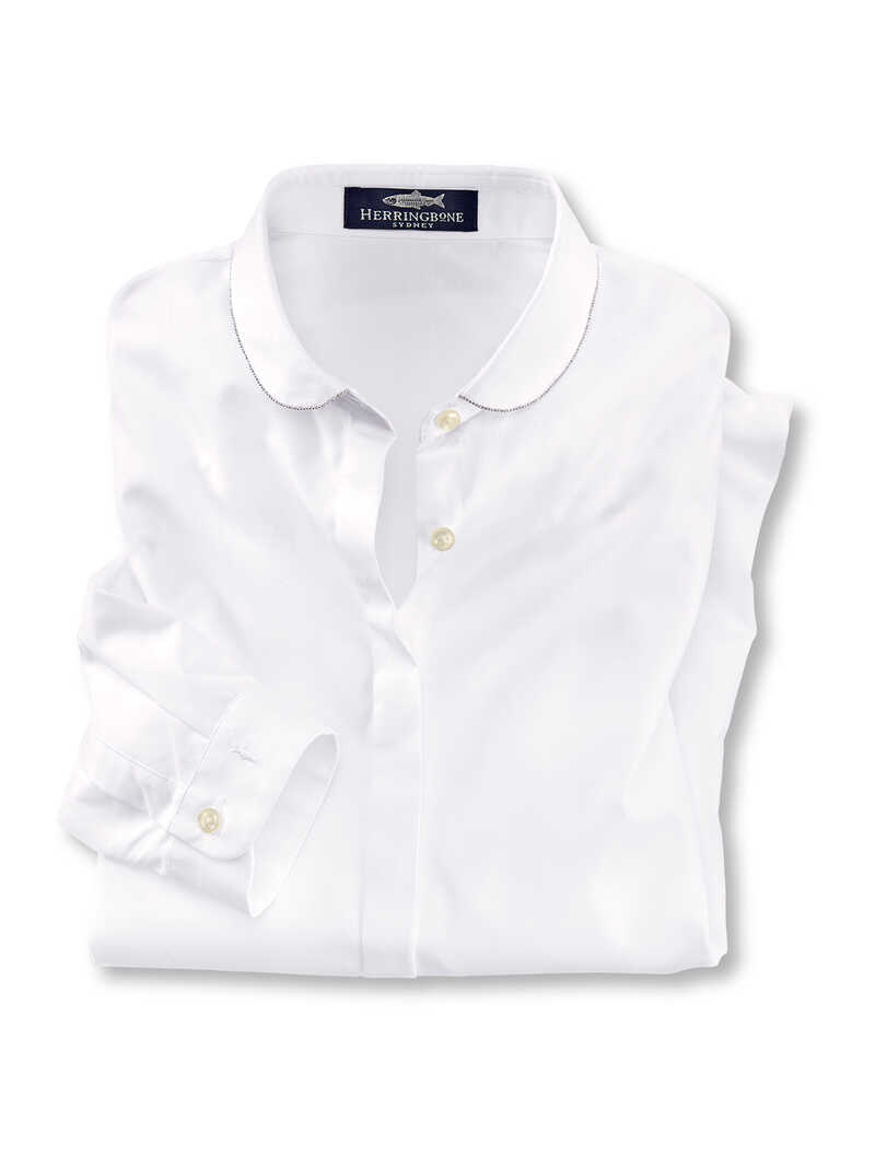 Produktbild zu Weie Popeline-Bluse Bubikragen mit Perlenband