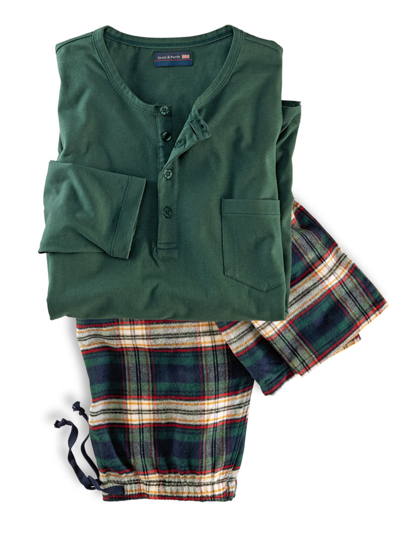 Produktbild zu Herrenpyjama mit gr�nem Oberteil und karierter Pyjamahose