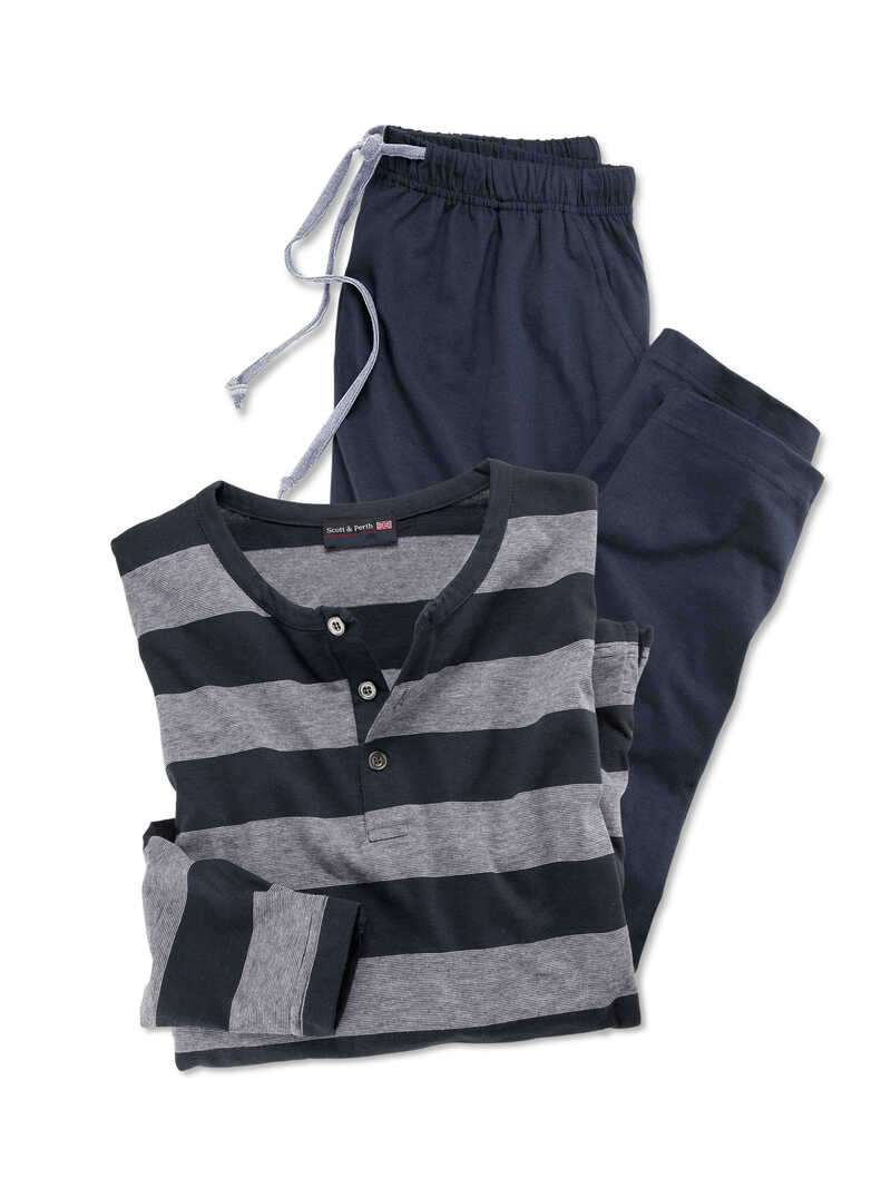 Produktbild zu Herren-Winterpyjama mit Langarm-Ringelshirt