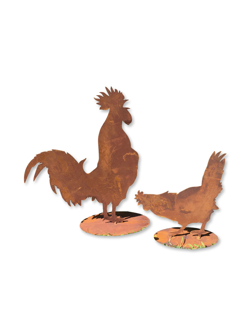 Produktbild zu Metalldekofiguren Hahn und Henne in Rostoptik
