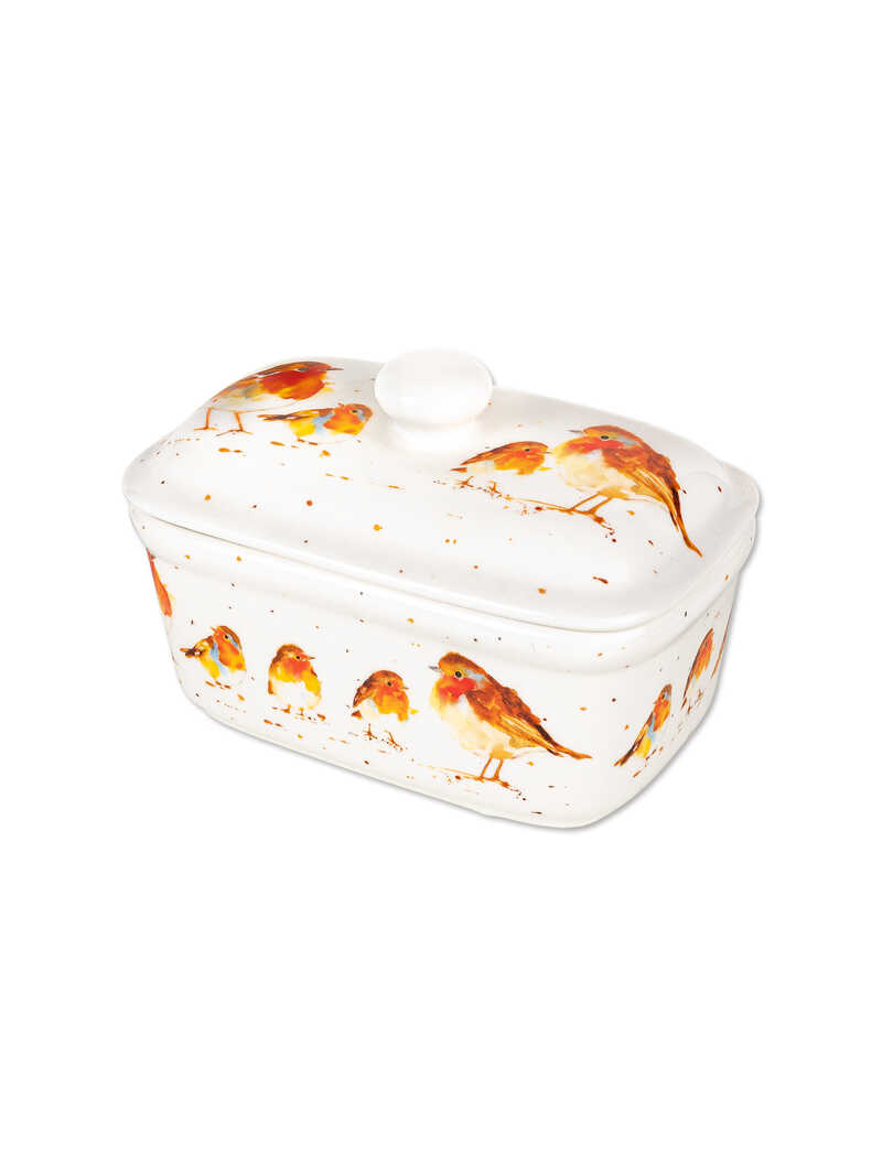 Produktbild zu Butterdose Winter Robins aus Porzellan mit Deckel