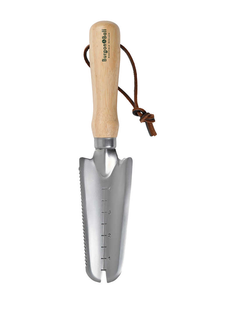 Produktbild zu Pflanz-Unkraut-Schaufel aus rostfreiem Edelstahl mit eingravierter Mess-Skala Hartholz-Griff