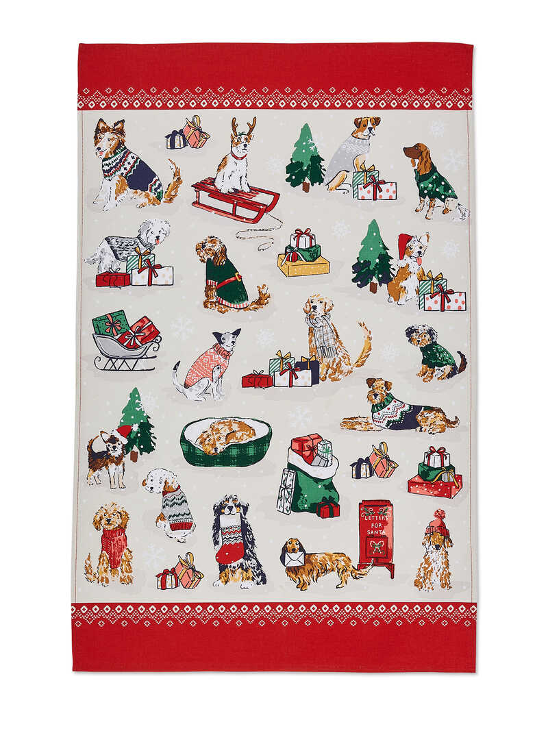 Produktbild zu Weihnachts-Geschirrtuch mit Hunden aus Baumwolle