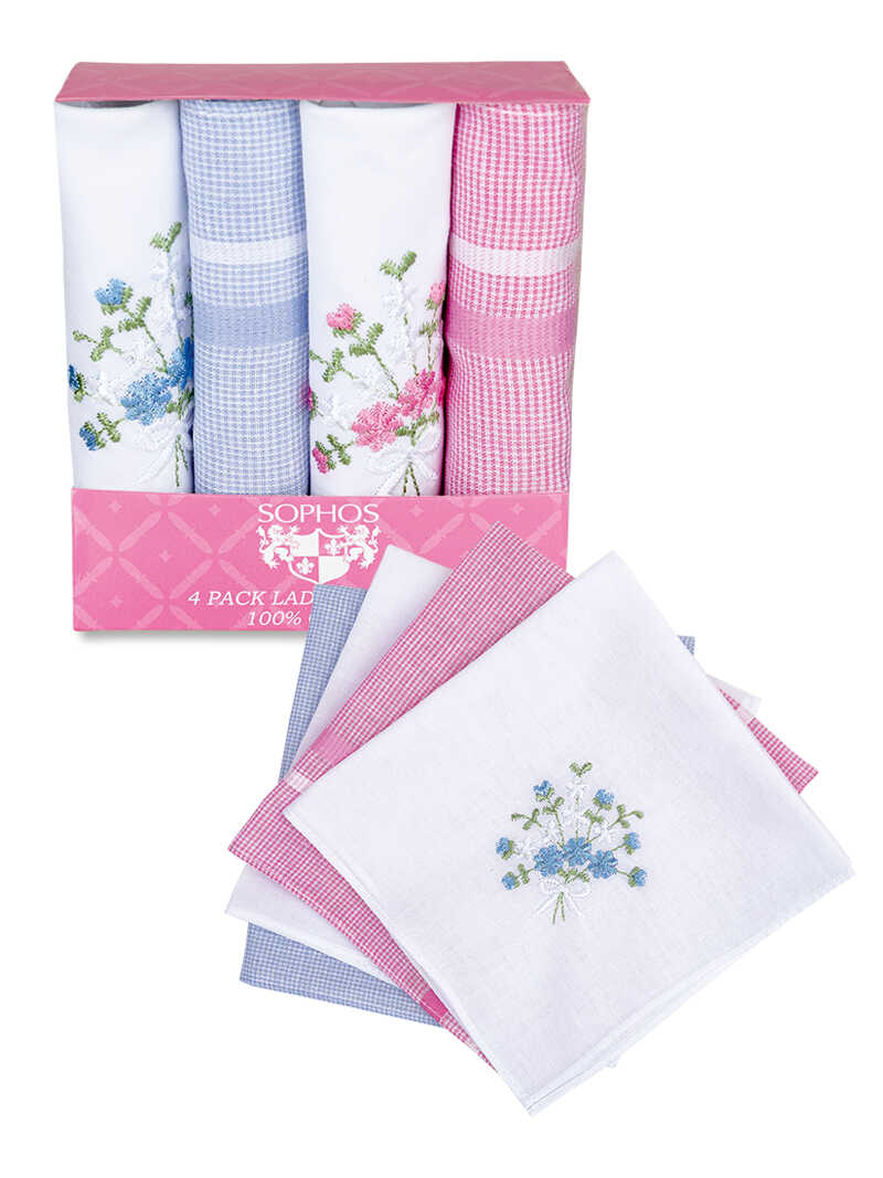 4 Taschentücher mit Blumenstickerei