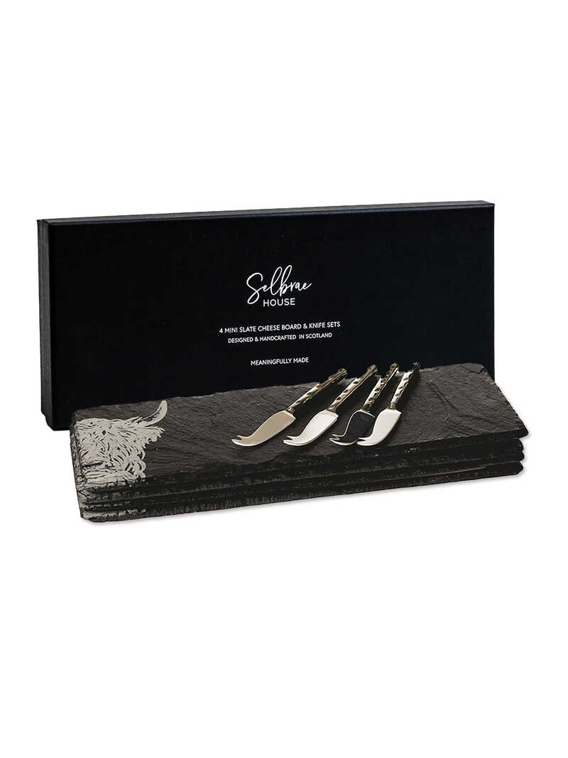 Produktbild zu 4 Serviertabletts aus Schiefer mit Edelstahl-Ksemessern