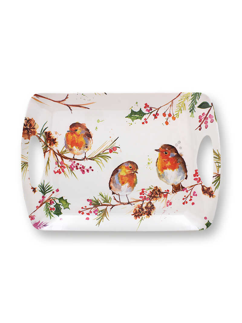 Alternatives Bild 1 zu Kleines Tablett mit Rotkelchen auf Tannenzweigen und Ilex