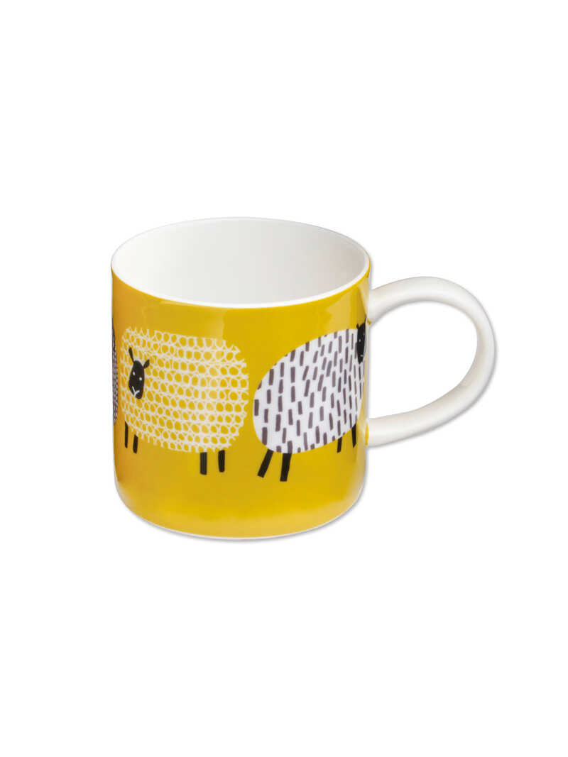 Produktbild zu Gelber Henkelbecher mit Schafen
