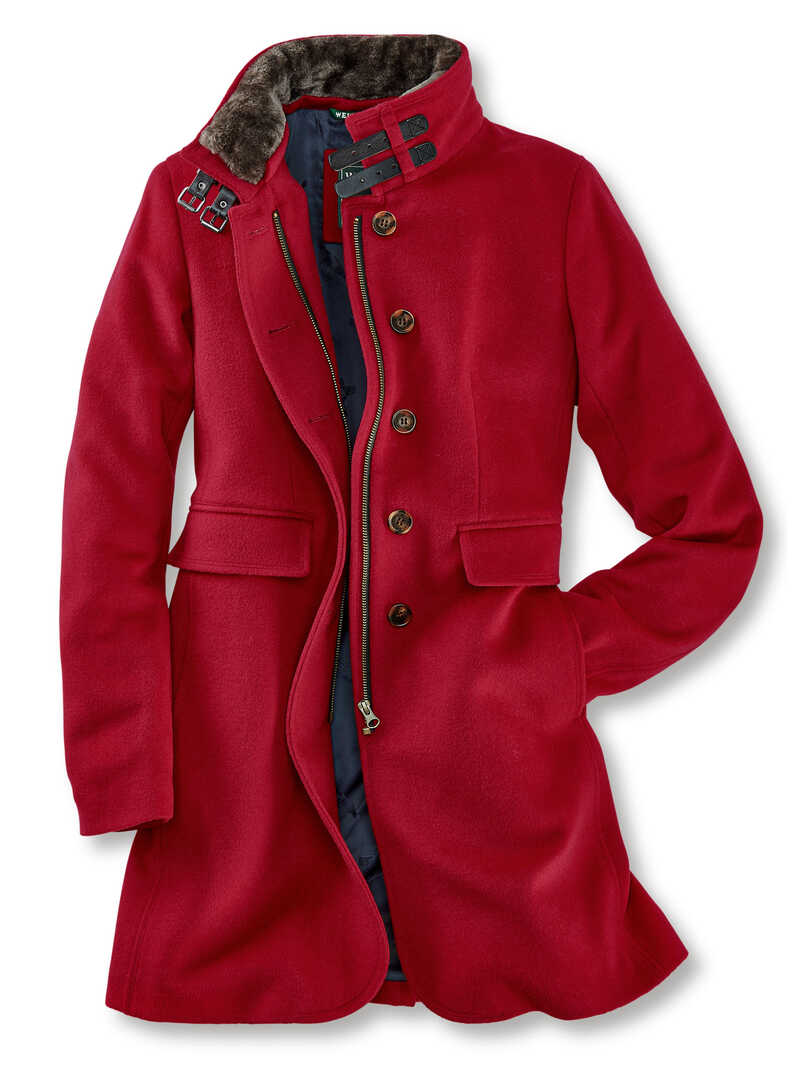 Produktbild zu Roter Damen-Wollmantel mit abnehmbaren Webpelzkragen
