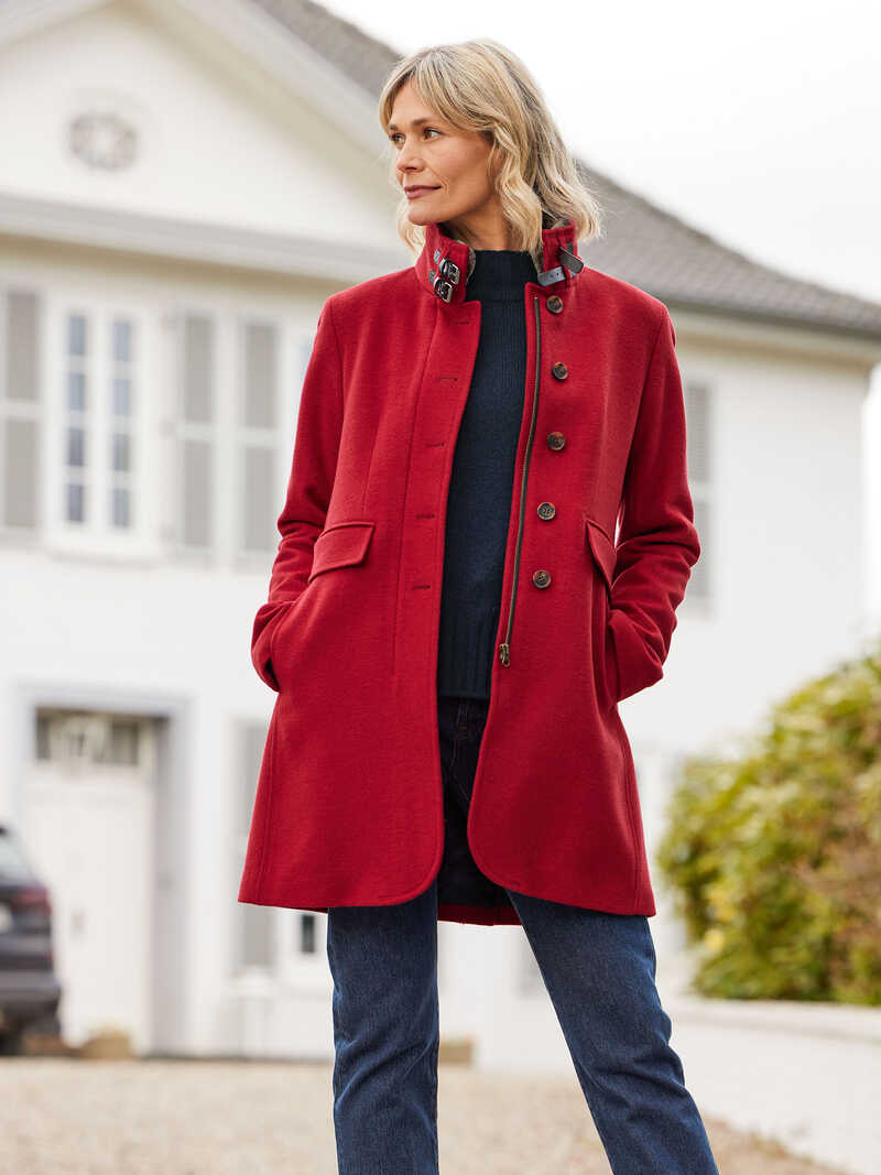 Alternatives Bild 2 zu Roter Damen-Wollmantel mit abnehmbaren Webpelzkragen