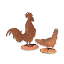 Metalldekofiguren Hahn und Henne in Rostoptik