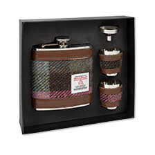 Flachmann mit 2 Bechern aus Edelstahl mit Harris Tweed